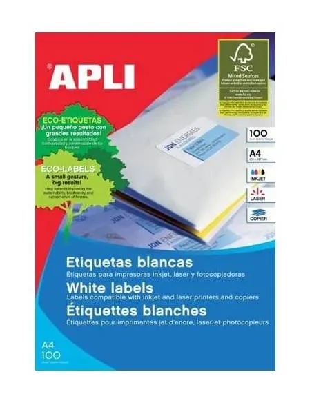 Etiquetas autoadhesivas Apli 105x70 blancas caja 100 hojas