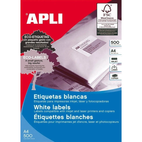 Etiquetas autoadhesivas Apli 210x297 blancas caja 500 hojas