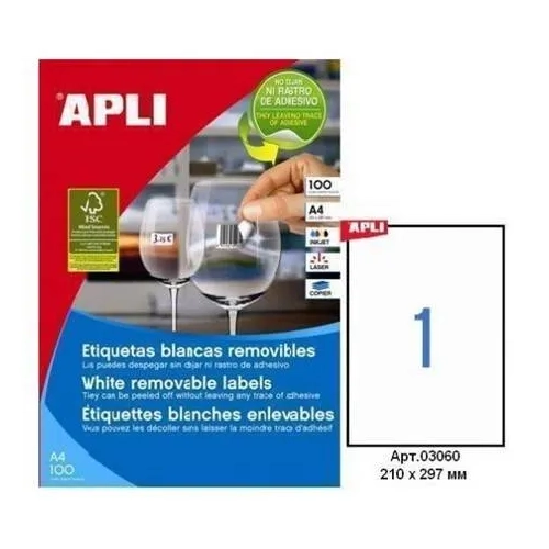 Caja 100 hojas etiquetas removibles 210x297