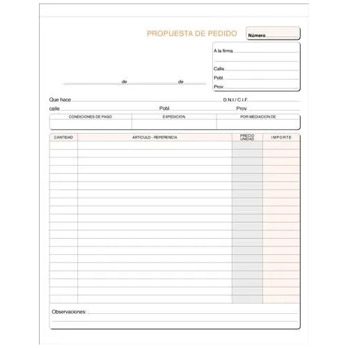 Talonario pedidos 215x265 1 hoja castellano sin copia