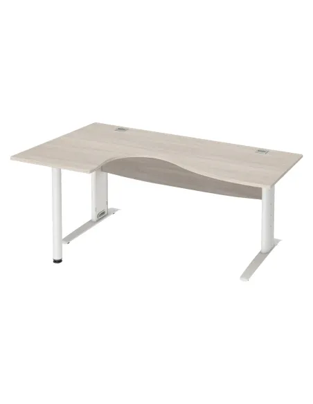 Mesa oficina 180 roble gris ala Izqda patas metal blancas