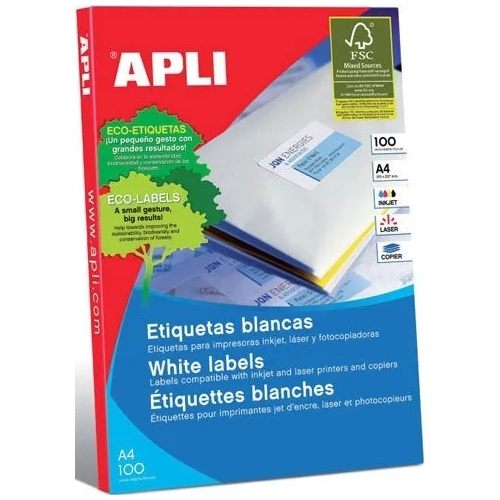 Etiquetas autoadhesivas Apli 99,1x139 blancas caja 100 hojas