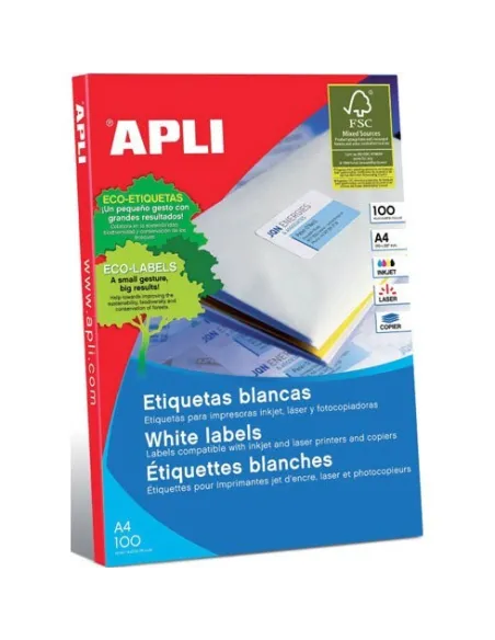 Etiquetas autoadhesivas Apli 99,1x139 blancas caja 100 hojas