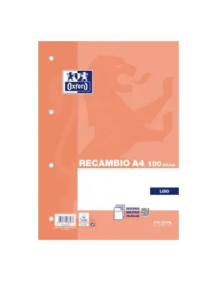 Recambio A4 liso 100 hojas 4 agujeros Oxford