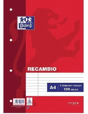 Recambio A4 rallado 100 hojas 4 agujeros Oxford