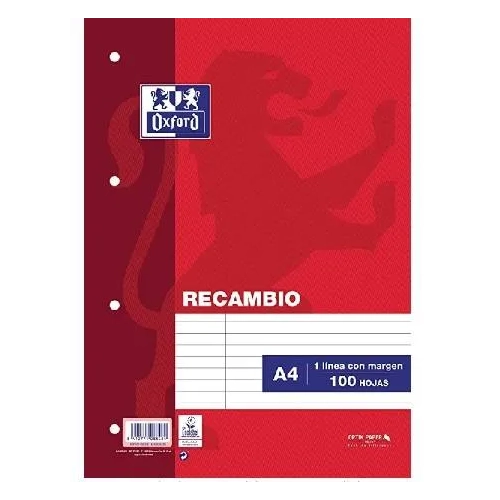 Recambio A4 rallado 100 hojas 4 agujeros Oxford