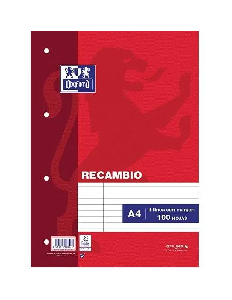 Recambio A4 rallado 100 hojas 4 agujeros Oxford