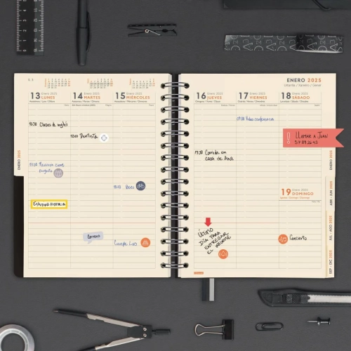 Agenda 16 meses Finocam Tempus semana vista cuarto negra