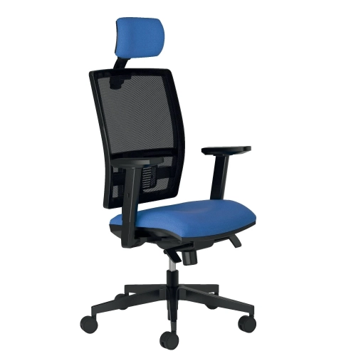 Silla oficina syncro Activ con brazos y cabezal azul