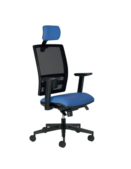 Silla oficina syncro Activ con brazos y cabezal azul