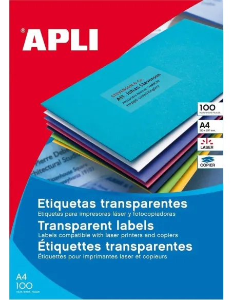 Etiquetas poliester 100 hojas A4 transparente laser Apli
