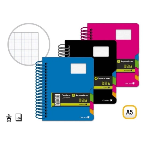 Cuaderno con 4 separadores A5 160 hojas 90 grms cuadriculado