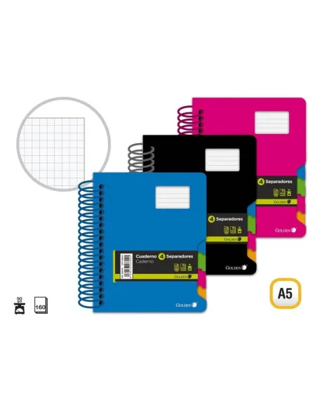 Cuaderno con 4 separadores A5 160 hojas 90 grms cuadriculado
